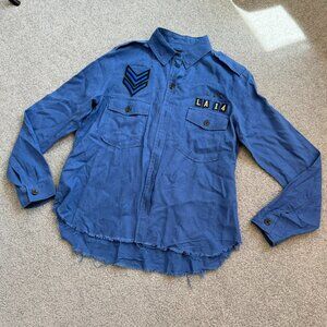 Rails Blue Banks Raw Edge Indigo Military Patch Button Down Linen Blend Shirt XS